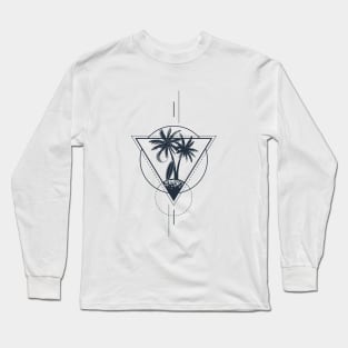 Palms, Surfboard And The Moon. Geometric, Line Art Style Long Sleeve T-Shirt